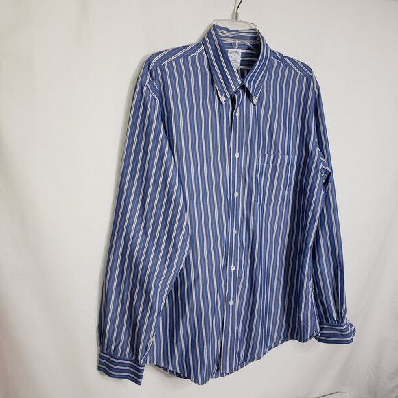 Brooks Brothers Men Shirt Large Regent Blue White Striped Non Iron Supima Cotton - Picture 4 of 10